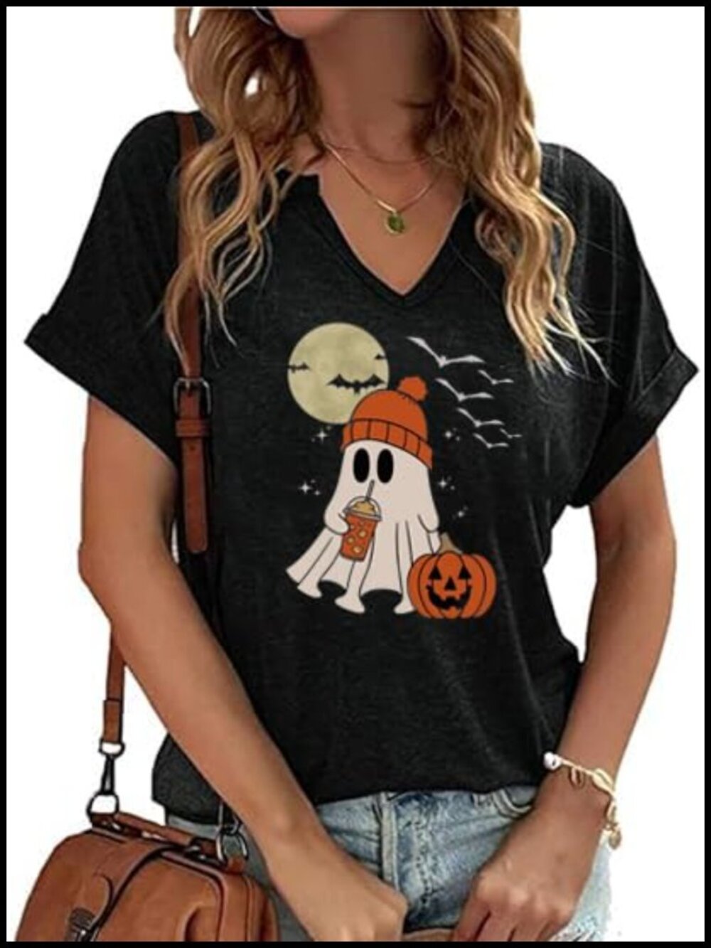 Women's V-Neck Cute Ghost Pumpkin Graphic Tee Halloween Fall Cotton Blend